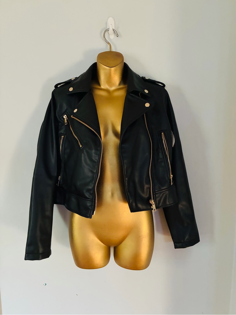 Zara Black Faux Leather Moto Biker Jacket Cropped Silver Zip Size Small - Picture 2 of 5